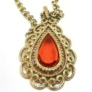 Vintage Red crystal Gold filigree chain Necklace